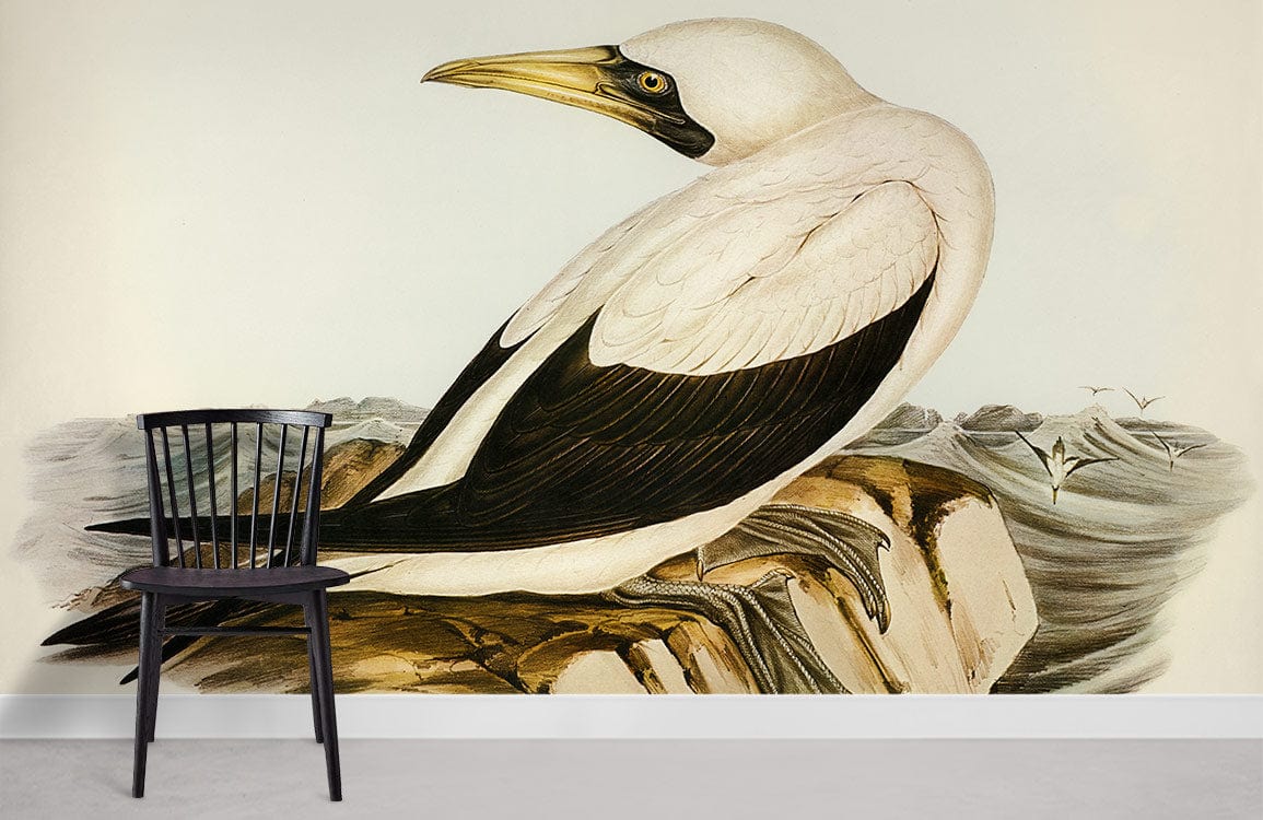 Classic Seaside Gannet Illustration Wallpaper in room with black chair, white skirting board and light floor.