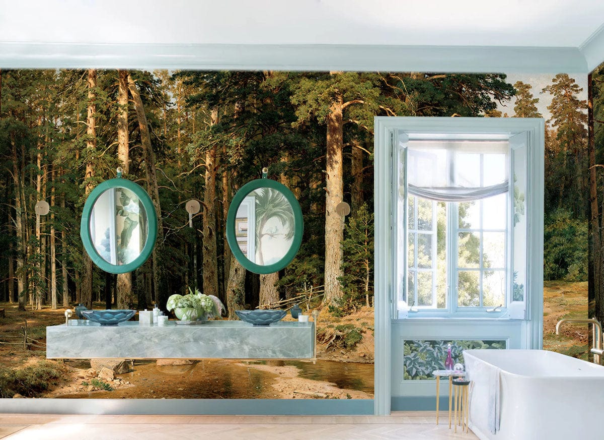Bathroom with Tranquil Forest Stream Mural Wallpaper, earthy tones, light blue elements, and freestanding bathtub.