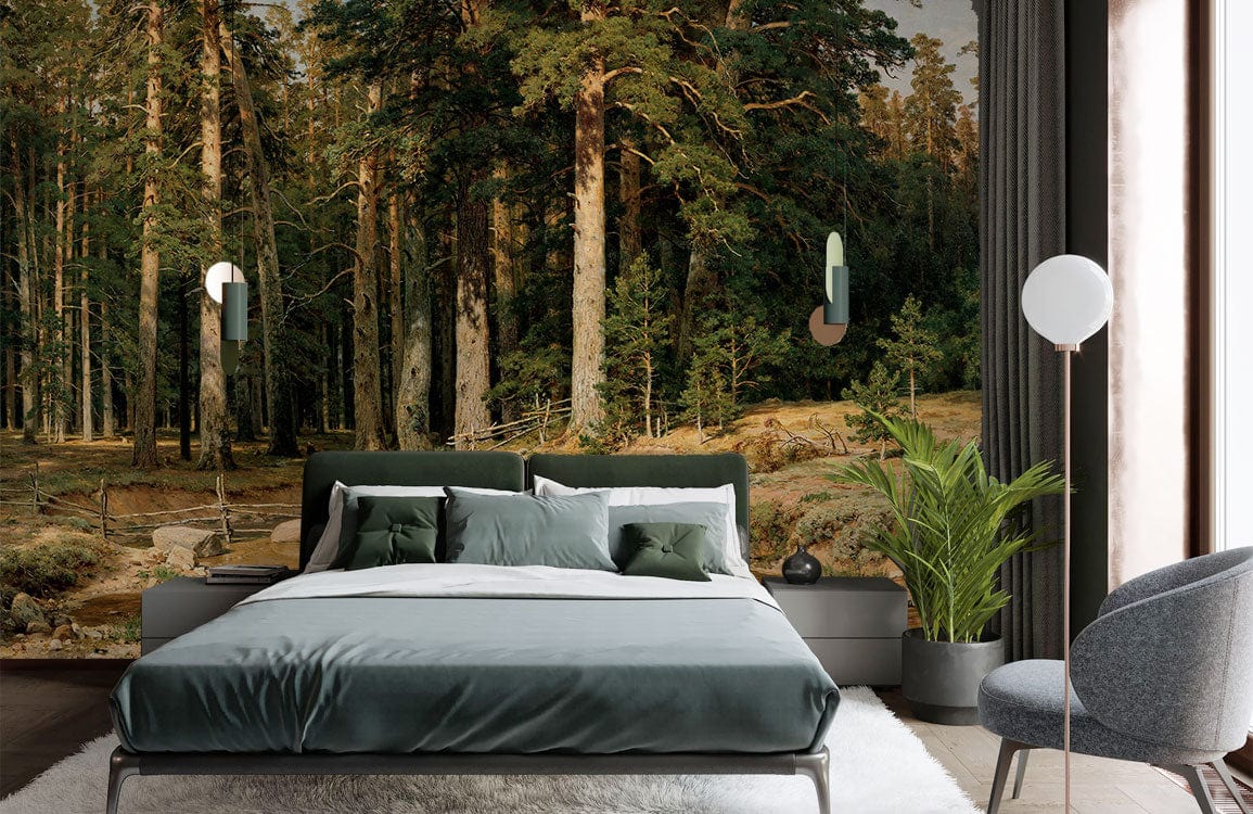Tranquil Forest Stream Mural with green headboard, grey sofa, white rug, hardwood flooring in bedroom.