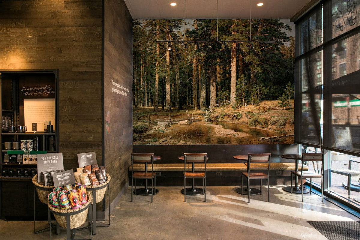 Cafe with Tranquil Forest Stream Mural Wallpaper, earthy tones, wooden walls, concrete floor, modern seating.