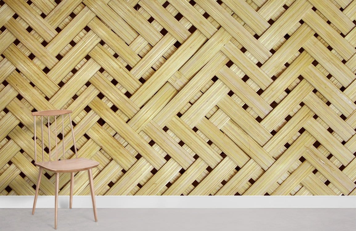 Beige rustic bamboo wallpaper, woven texture, natural wood chair, minimalist decor, light grey flooring.