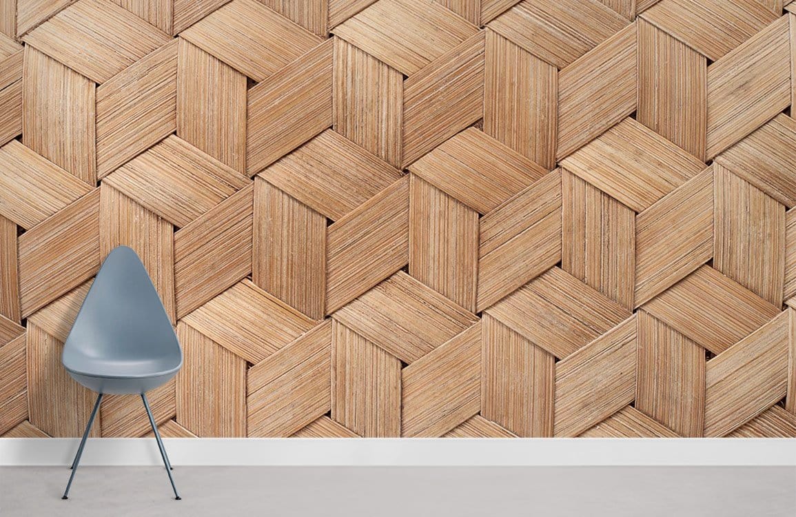 Geometric bamboo wallpaper, modern interiors, grey chair, minimalist style, natural wood effect, light flooring.