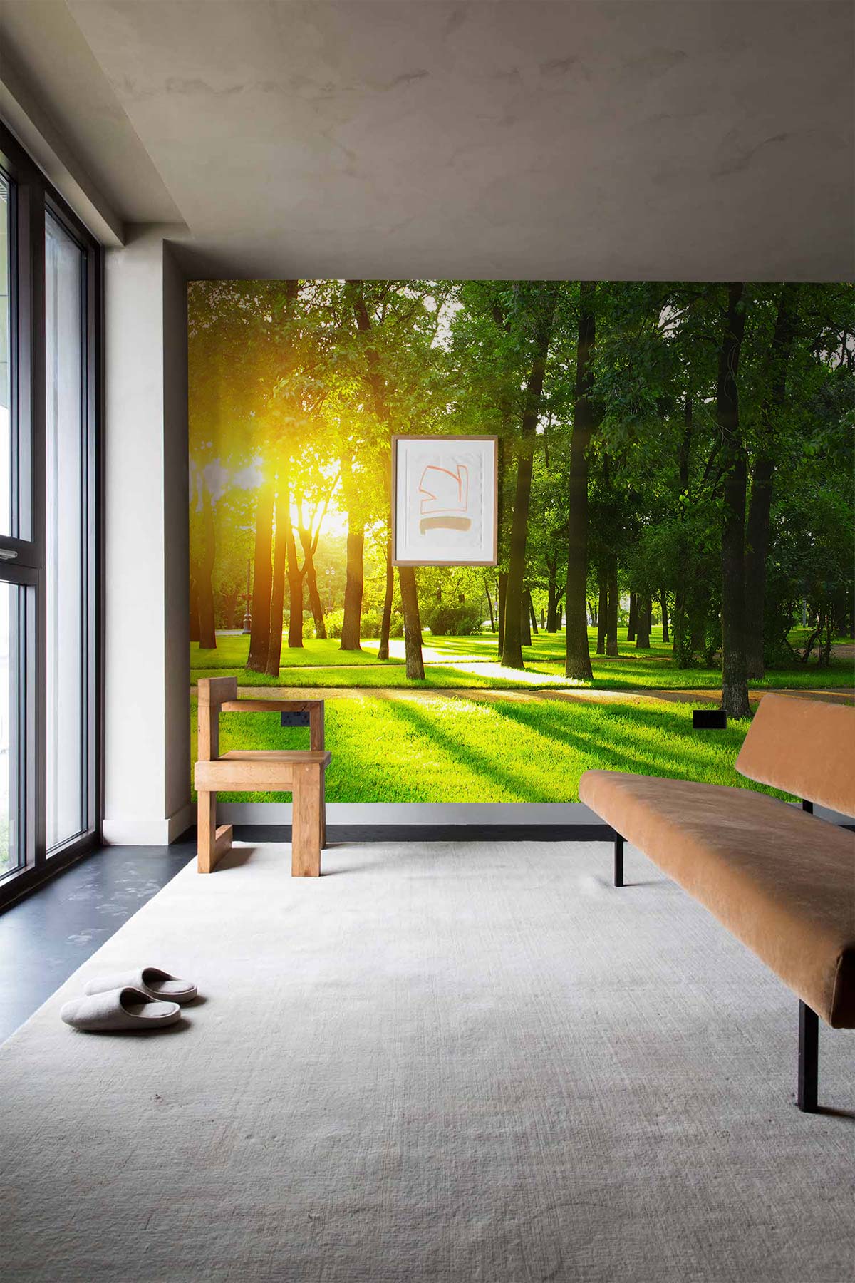 Sunlit Forest Path Mural Wallpaper in modern living room with beige sofa, wooden chair, large window.
