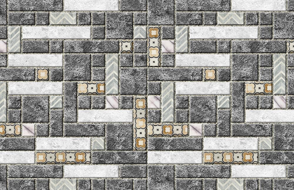 Grey Stone and Patterned Brickwork Geometric Mural Wallpaper, Industrial Style