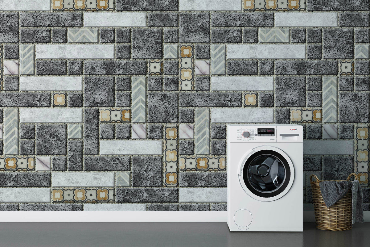 Grey stone patterned wallpaper in laundry room with white washer, basket, and industrial style Décor.