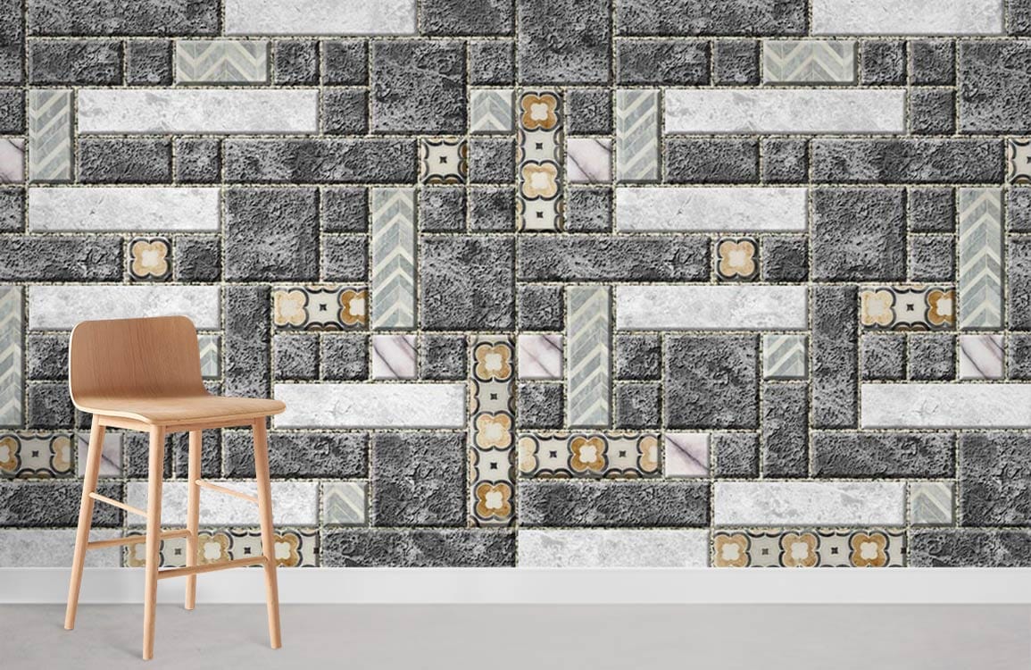 Grey stone and patterned brickwork mural wallpaper in modern room with wooden chair, industrial style.