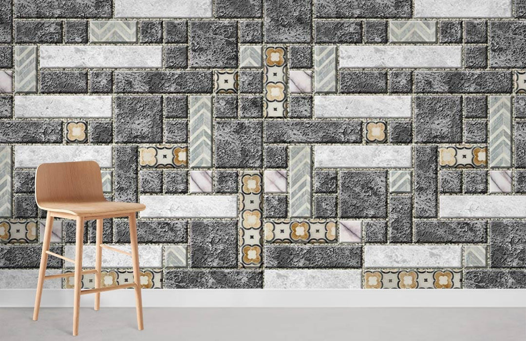 Grey stone and patterned brickwork mural wallpaper in modern room with wooden chair, industrial style.