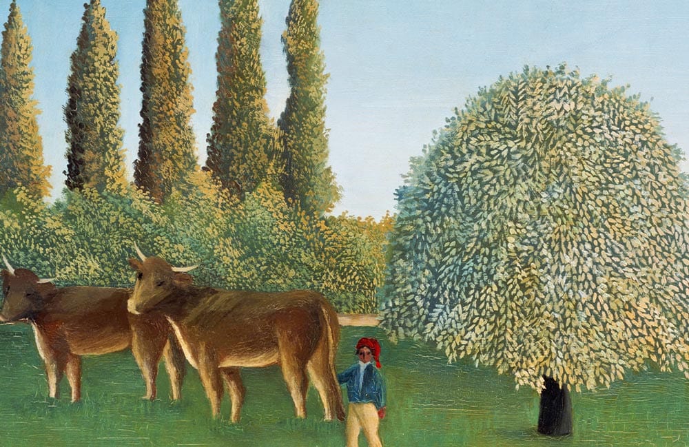 Peaceful Countryside Scene with Cows and Trees Mural Wallpaper Design