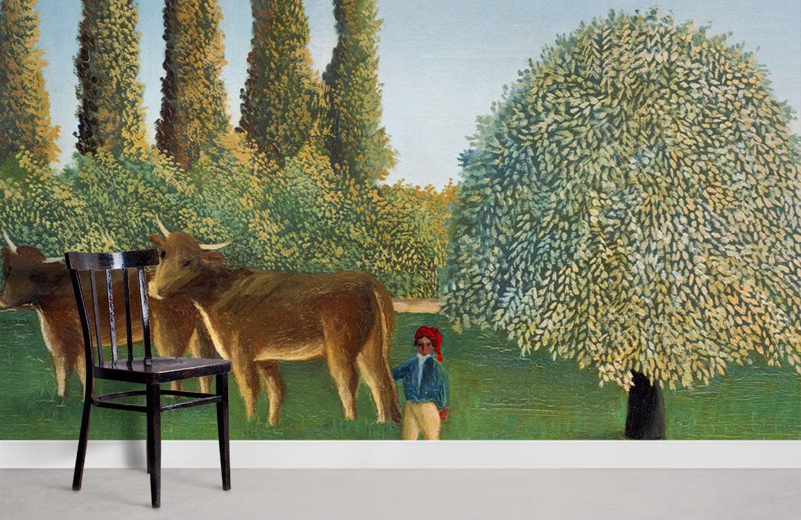 Peaceful Countryside Scene mural wallpaper with cows, trees, black chair, in a modern living room.