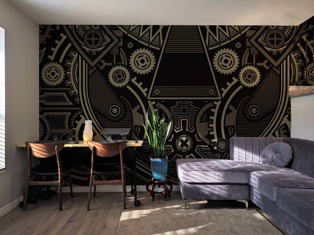Vintage Industrial Steampunk Gear Mural Wallpaper in modern room with grey sofa, wooden table, chairs.