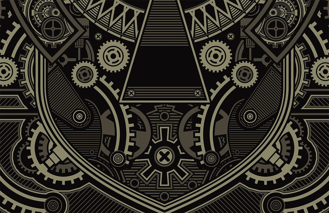 Vintage Industrial Steampunk Gear Patterned Black and Gold Mural Wallpaper
