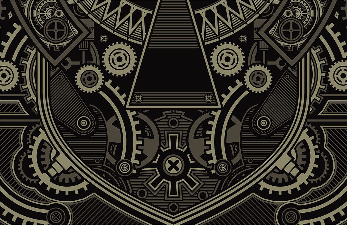 Vintage Industrial Steampunk Gear Patterned Black and Gold Mural Wallpaper