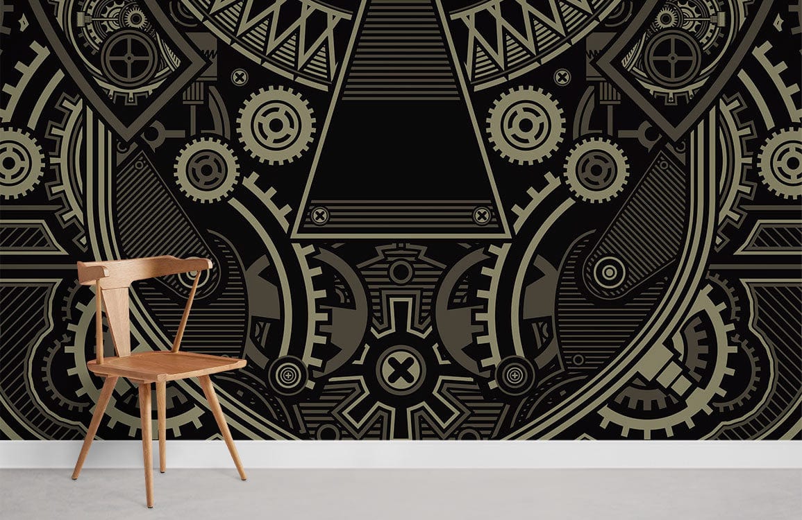 Vintage industrial steampunk gear black mural wallpaper, wooden chair, concrete flooring, modern room decor.