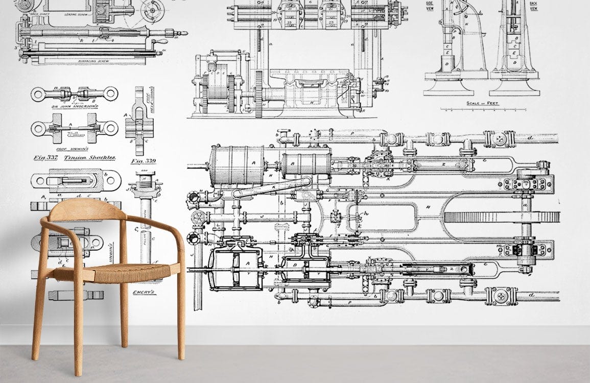 Vintage industrial blueprint wallpaper in monochrome design, featuring wooden chair and grey concrete flooring.