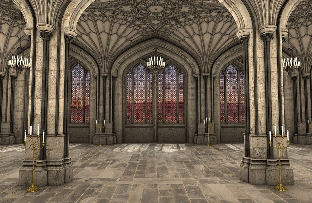 Grand Gothic Architecture Mural Wallpaper in Stone Grey with Arched Windows