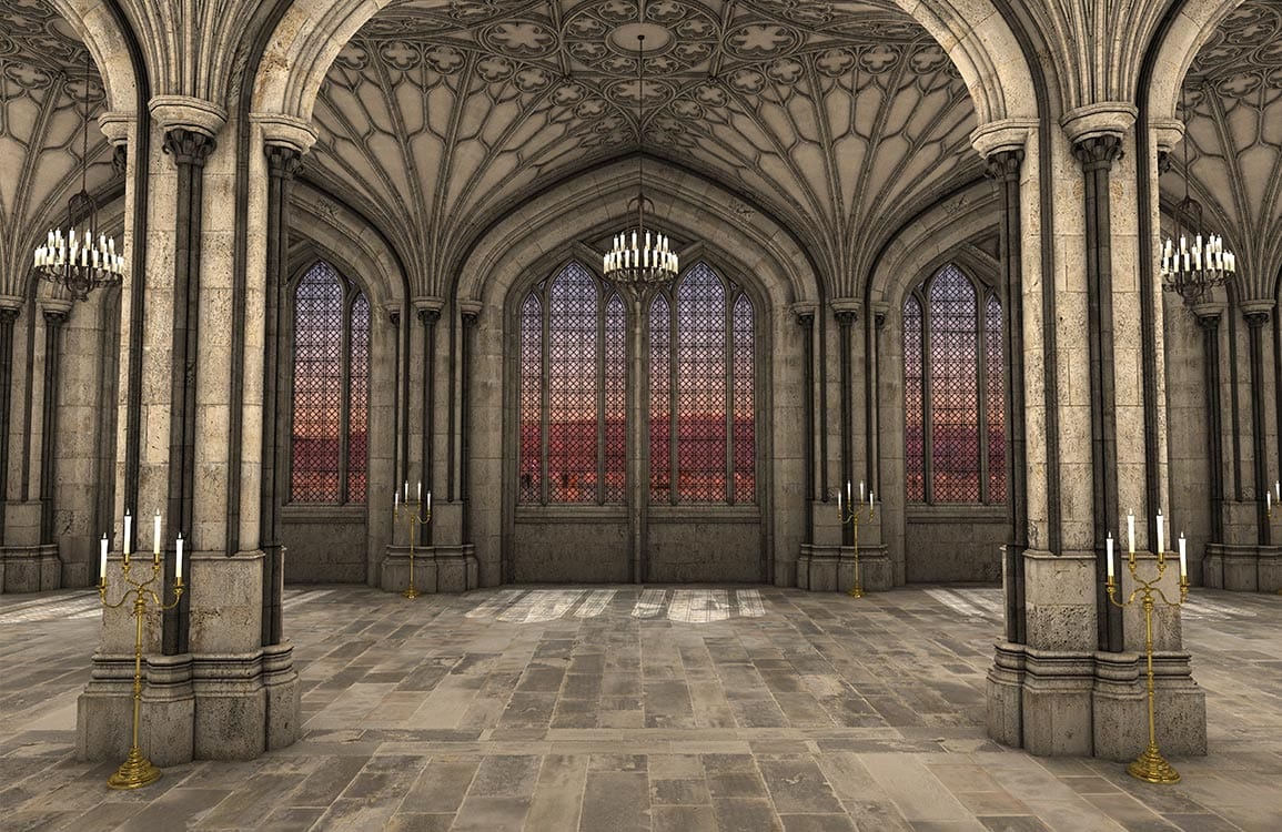 Grand Gothic Architecture Mural Wallpaper in Stone Grey with Arched Windows
