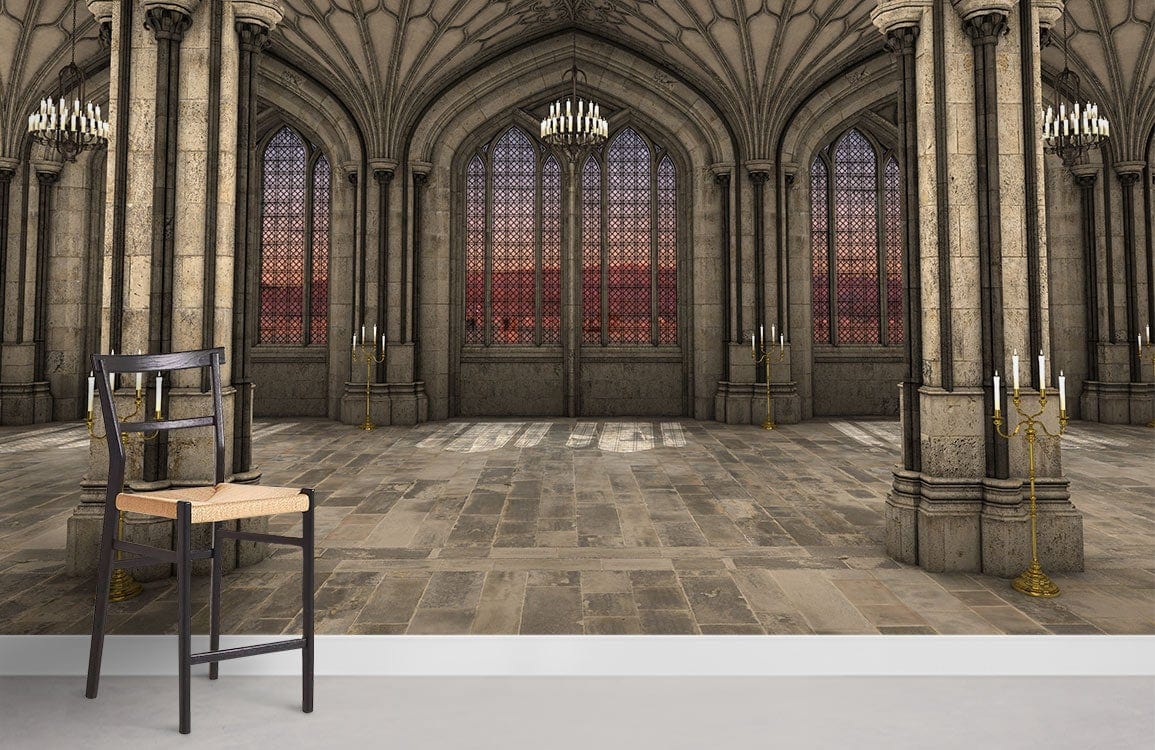 Grand Gothic Architecture Mural Wallpaper in Stone Grey with arched windows in a spacious room.