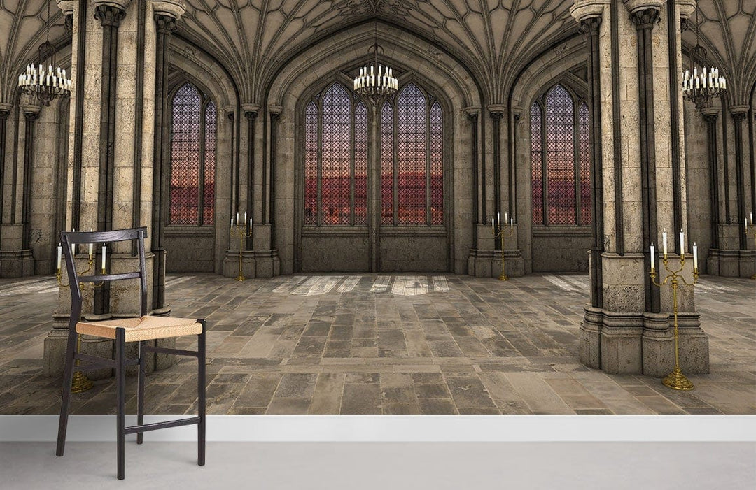 Grand Gothic Architecture Mural Wallpaper in Stone Grey with arched windows in a spacious room.