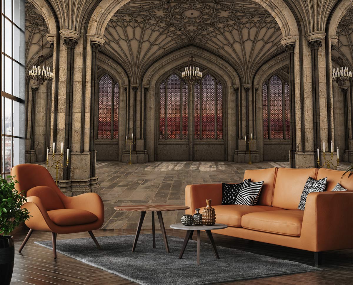 Grand Gothic Mural Wallpaper with Arched Windows, stone grey, brown sofas, wood flooring, living room.