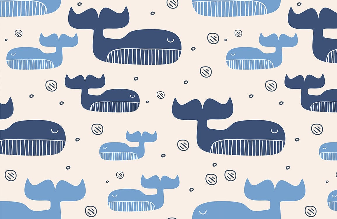 Playful Blue Whale Ocean-Themed Patterned Wallpaper for Children's Room Décor