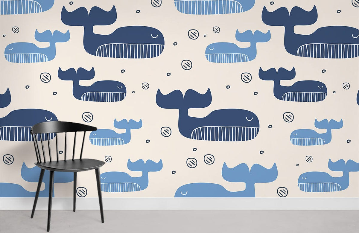 Playful blue whale wallpaper for children's room Décor, featuring grey floor and black wooden chair.