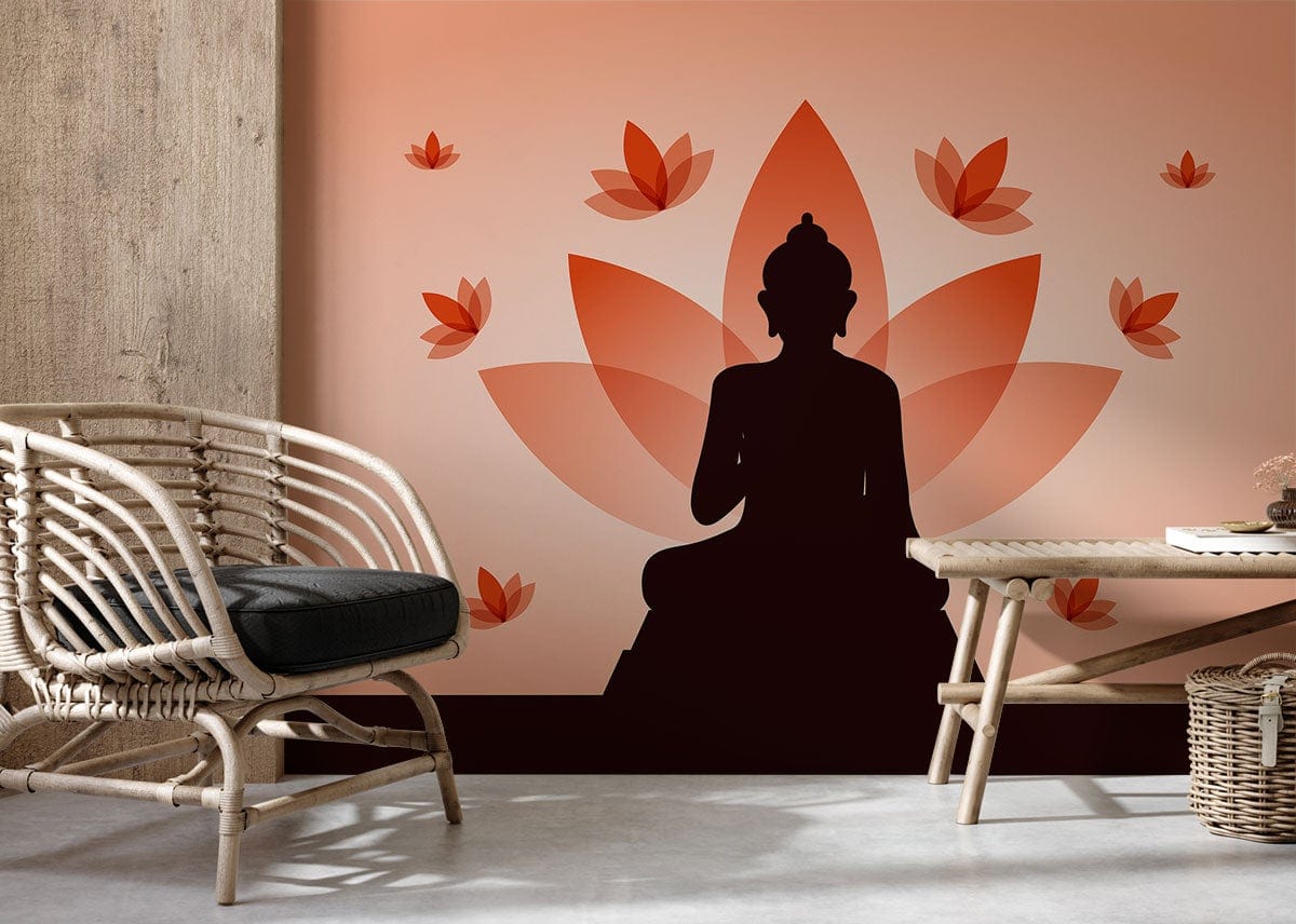 Serene Buddha silhouette orange lotus mural, textured wall, rattan chair, tranquil living room ambiance.