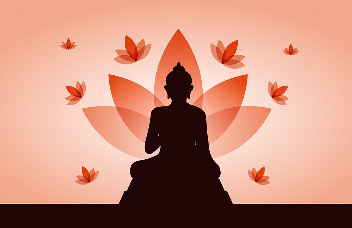 Serene Buddha Silhouette Orange Lotus Zen Mural Wallpaper for Tranquil Spaces