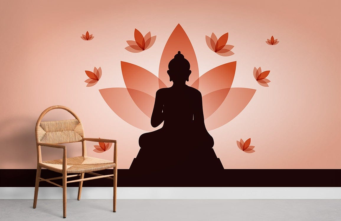 Serene Buddha Silhouette Wallpaper with Orange Lotus, wicker chair, pink wall in a modern room.