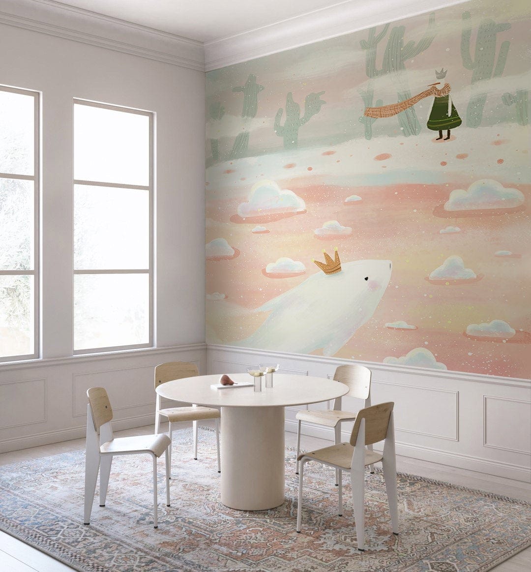 Whimsical Pastel Fantasy Wallpaper in dining room with white round table, light wood chairs, plush rug.