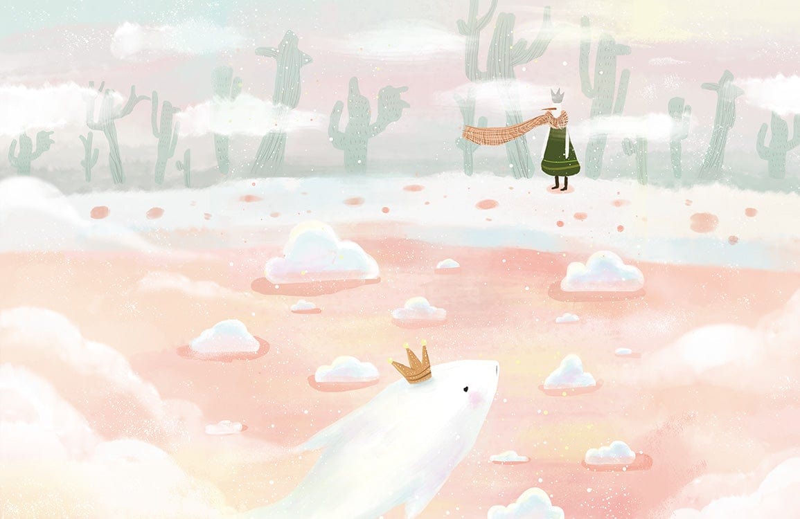 Whimsical Pastel Fantasy Landscape Wallpaper with Clouds and Crowned Characters.