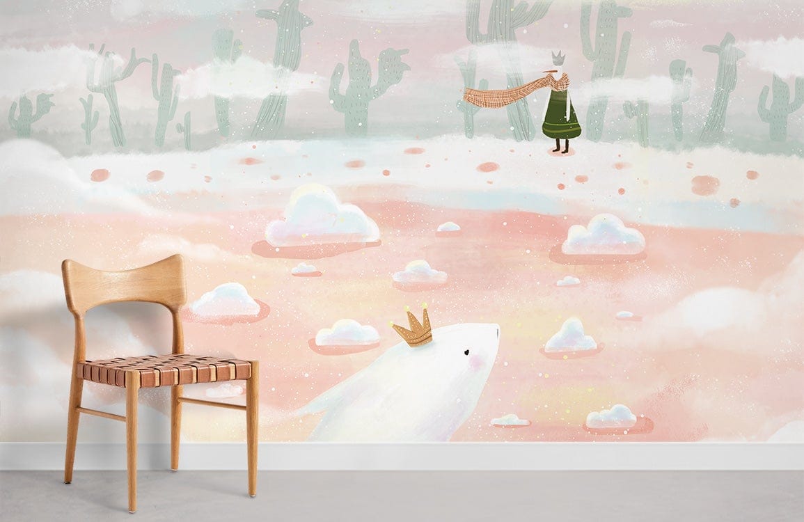 Whimsical Pastel Fantasy Landscape Wallpaper in living room, featuring chair, cloud motifs, crowned characters.
