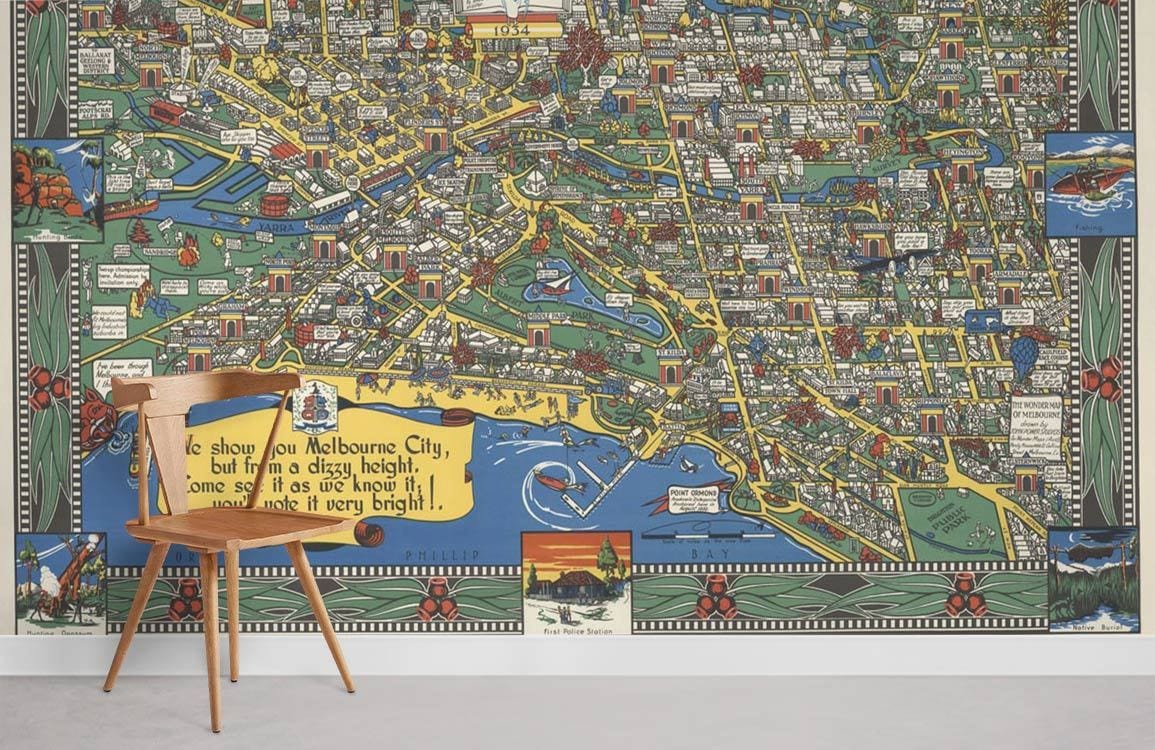Vintage map mural wallpaper, colourful retro style, wooden chair, light grey flooring, artistic decor.