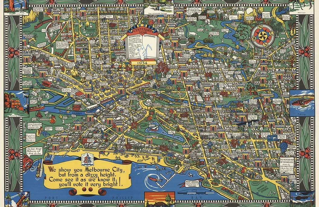 Vintage Map of Melbourne City Colourful Retro Style Mural Wallpaper