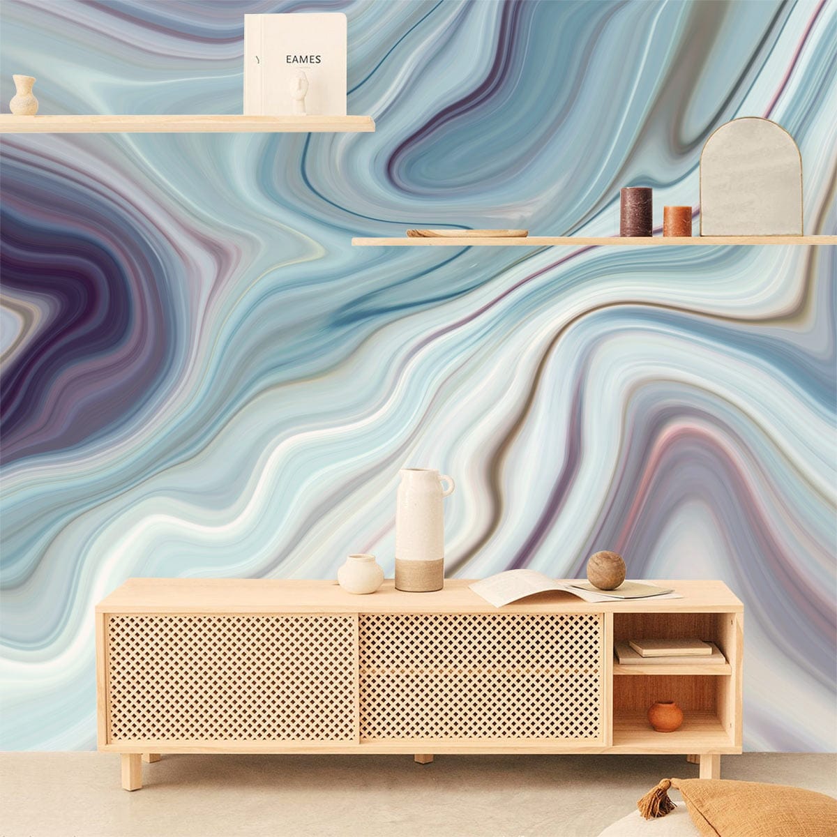Elegant Ocean Blue Marble Swirl Wallpaper, modern sideboard, floating shelves, complementary light wooden furniture.