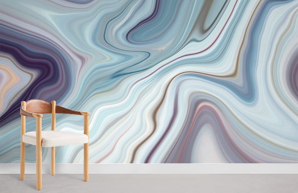 Elegant ocean blue marble swirl mural wallpaper with modern wooden chair on grey flooring in living room.