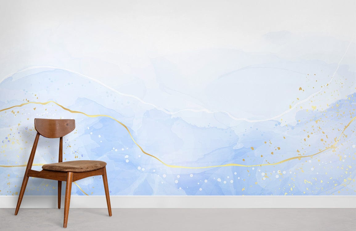 Elegant watercolour mural wallpaper with light wood chair on grey flooring; ideal for modern living spaces.