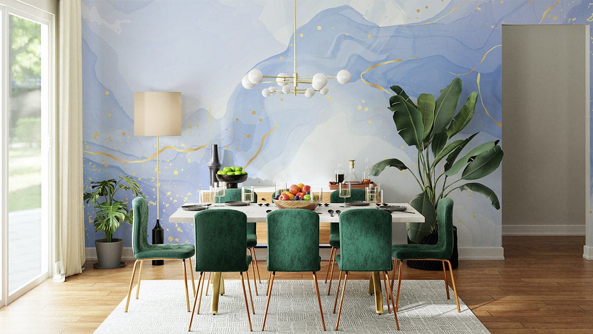 Dreamy Watercolour blue gold abstract marble mural wallpaper in dining room, green chairs, wooden flooring.