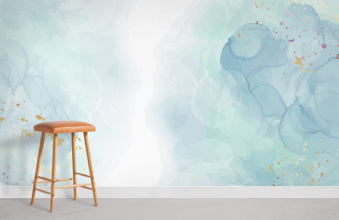 Tranquil Watercolour Bliss wallpaper with gold and blue abstract design, featuring a wooden stool, grey flooring.
