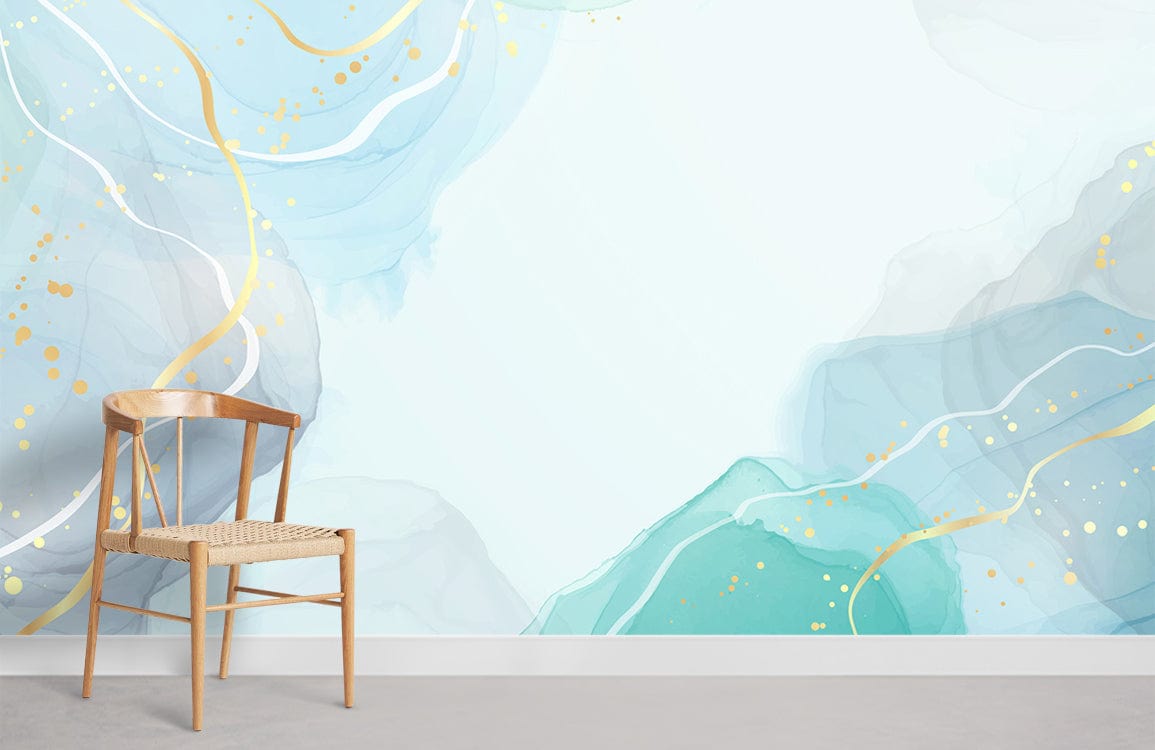 Elegant aqua gold abstract wallpaper in modern interior with wooden chair, grey flooring, contemporary decor.