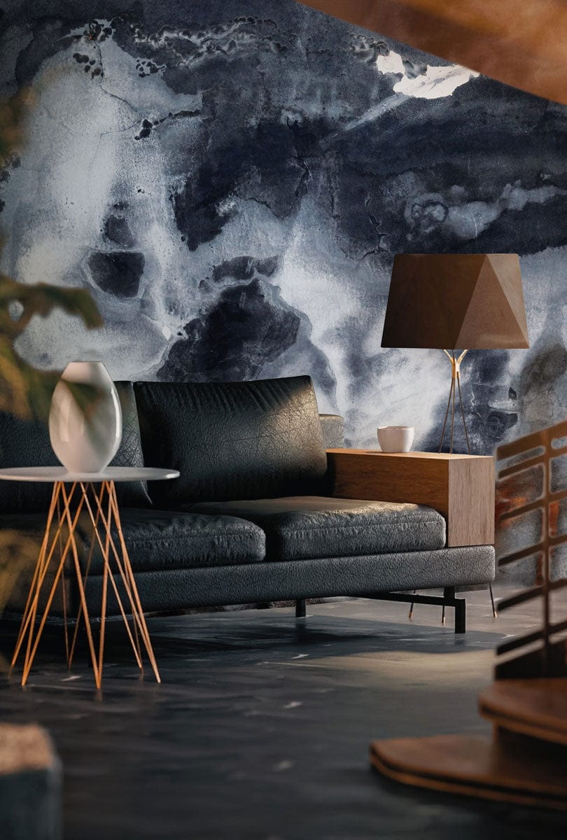 Abstract Monochrome Marble Mural Wallpaper, black sofa, modern lamp, dark flooring in contemporary living room.