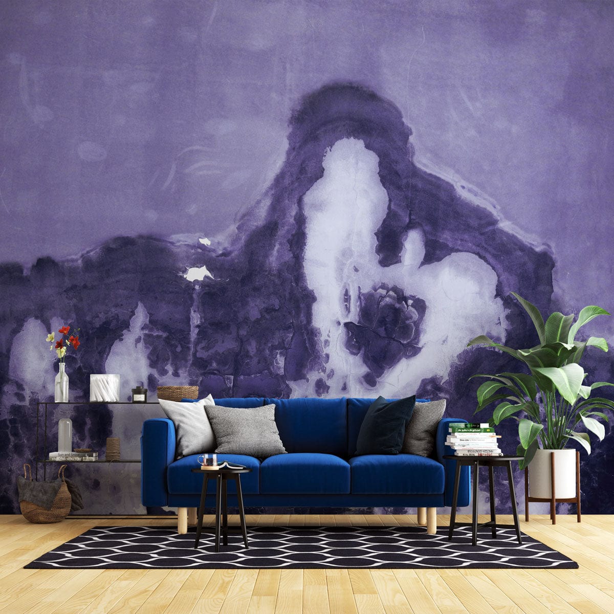 Purple abstract wall mural, blue sofa, patterned rug, wooden flooring, modern living room decor aesthetic.