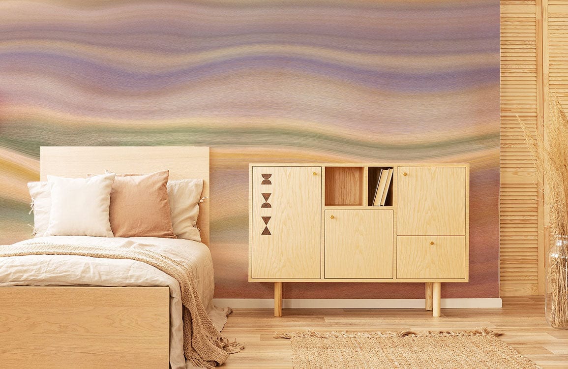 Modern bedroom with Elegant Pastel Waves watercolour wallpaper, light wood furniture, neutral-toned bed, wooden flooring.