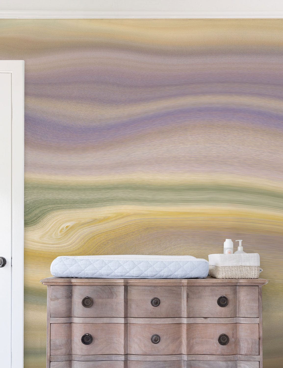 Elegant pastel waves wallpaper, watercolour stripes, wooden chest of drawers, modern Décor, soft tones.