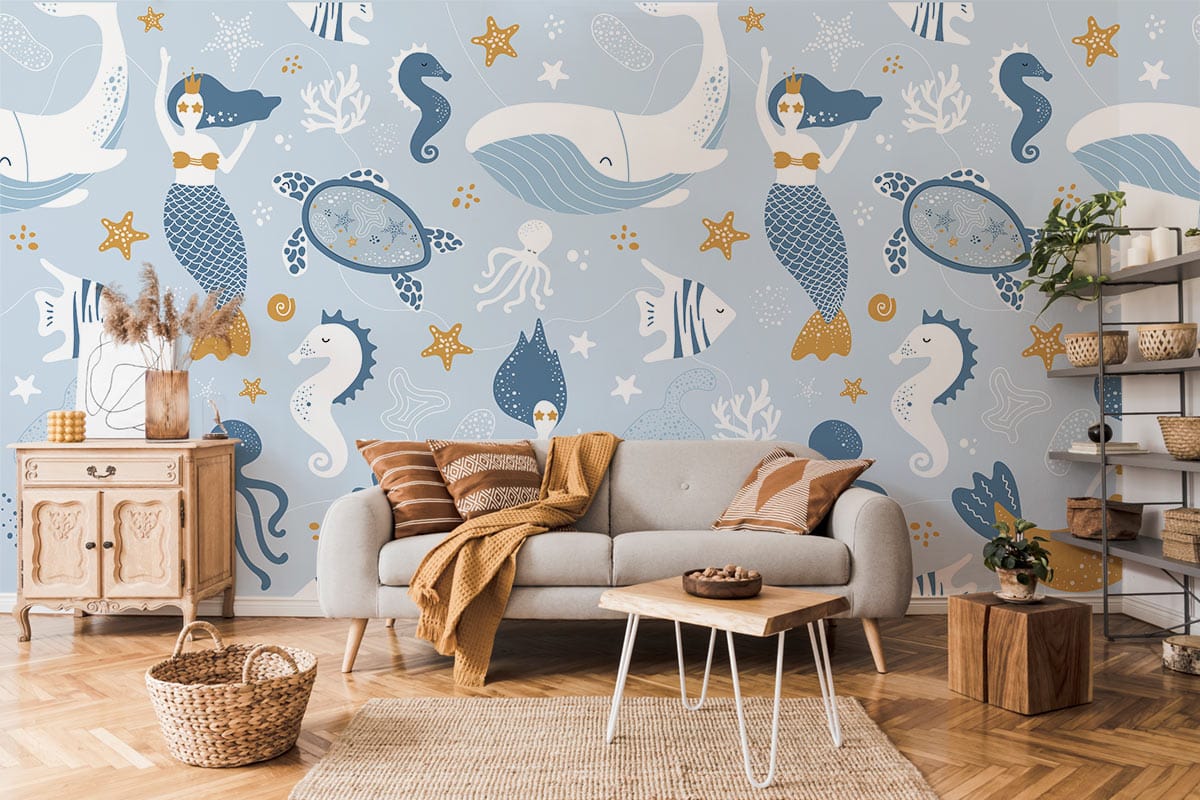 Blue and Gold Sea Life Mermaid wallpaper, children's bedroom decor, light grey sofa, wooden flooring.