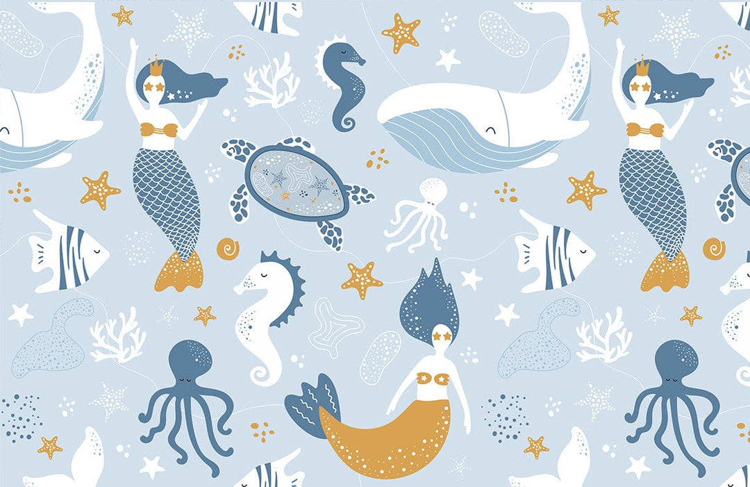 Blue and Gold Sea Life Mermaid Pattern Children's Bedroom Wallpaper