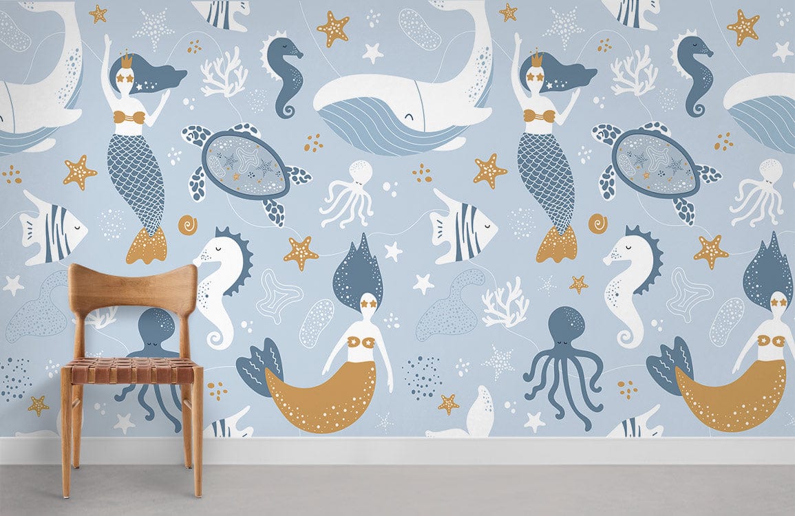 Blue and Gold Sea Life Mermaid Wallpaper, children's bedroom, with wooden chair, grey flooring.