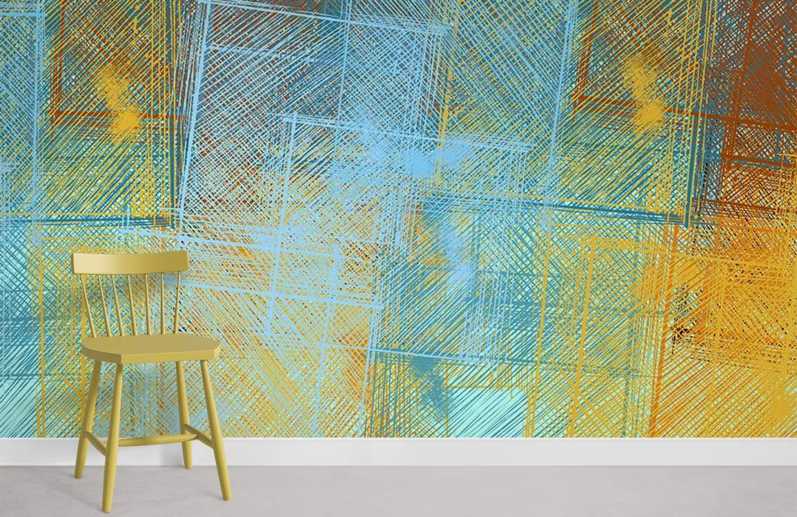 Abstract geometric teal and orange scratch pattern wallpaper with chic chair against sleek flooring.