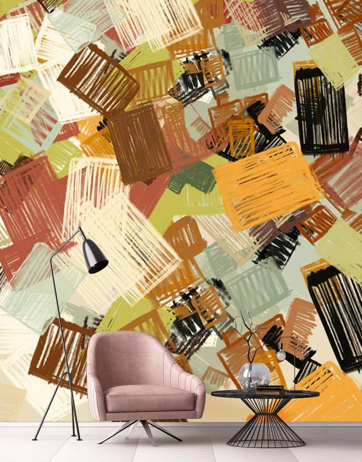 Abstract Multicolour Geometric Wallpaper, pink velvet chair, black floor lamp, modern living room design.