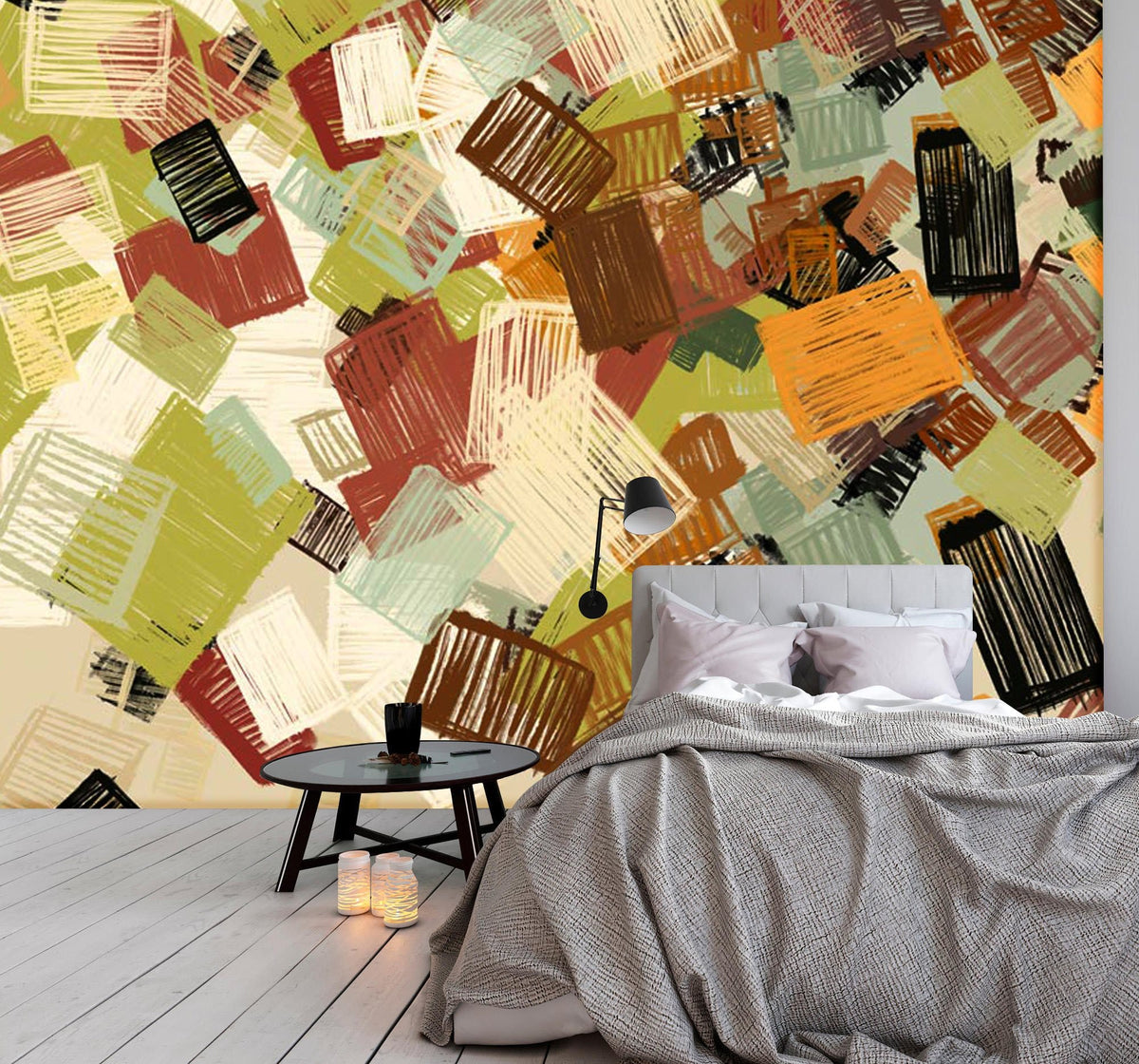 Abstract Geometric Multicolour Pattern Wallpaper; contemporary bedroom with grey sofa, light wood flooring.