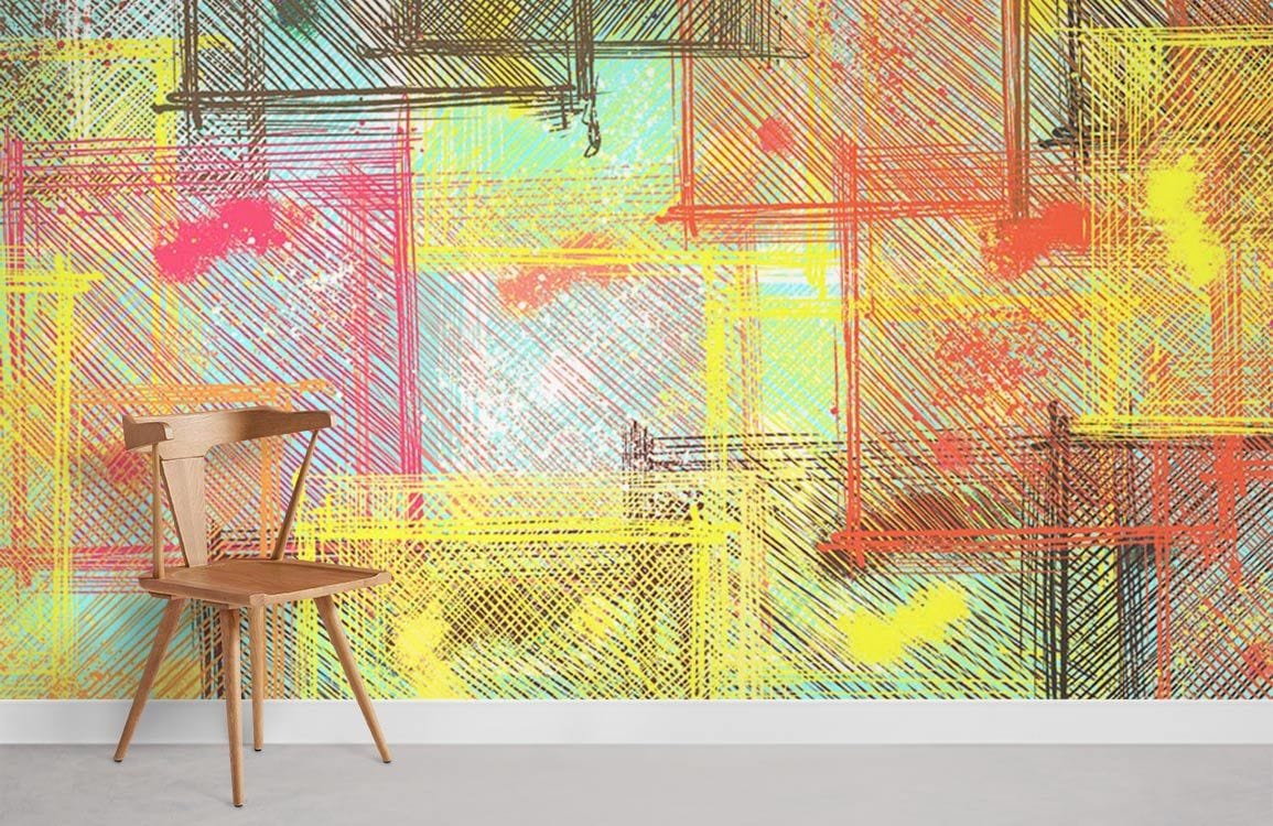 Vibrant geometric mural wallpaper with wooden chair, abstract multicolour design, light grey flooring, modern style.